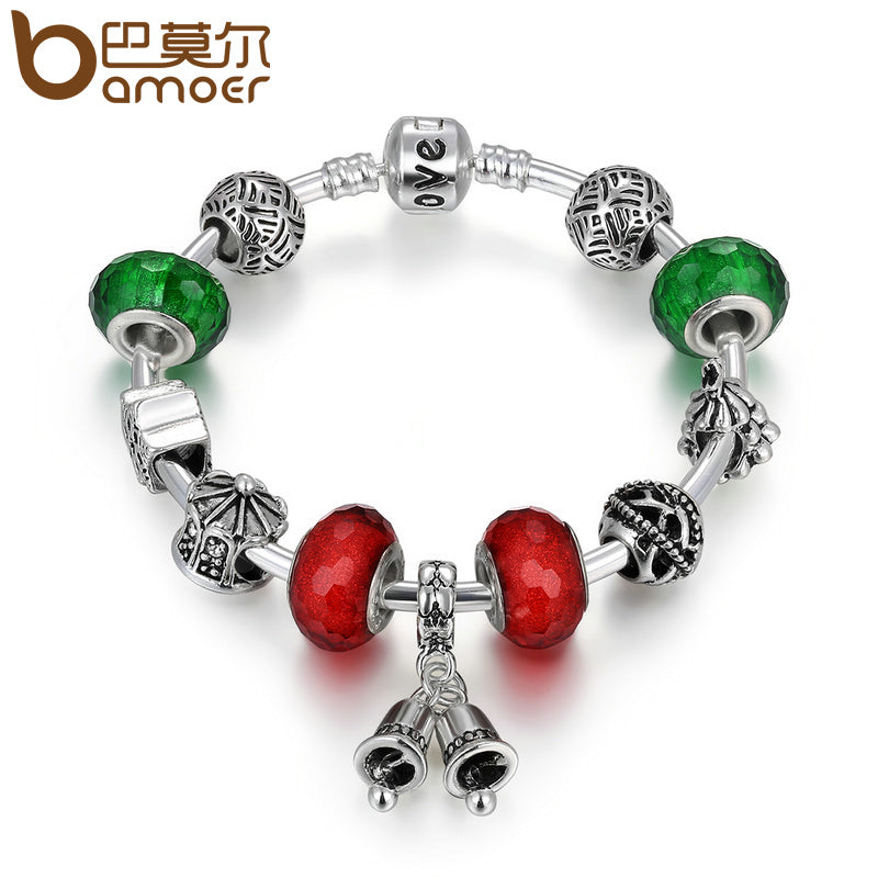 BAMOER Silver Color Snowflake Tropicana Palm Leaf Beads Bell Dangles Love Charm Bracelet & Bangles Jewelry Christmas Gift PA1511