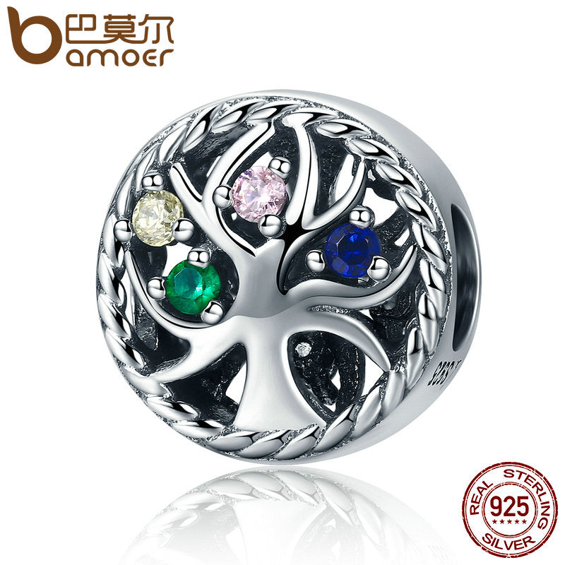 BAMOER High Quality 925 Sterling Silver Colourful Tree of Life Dazzling CZ Beads fit Women Charm Bracelets Jewelry Gift SCC213